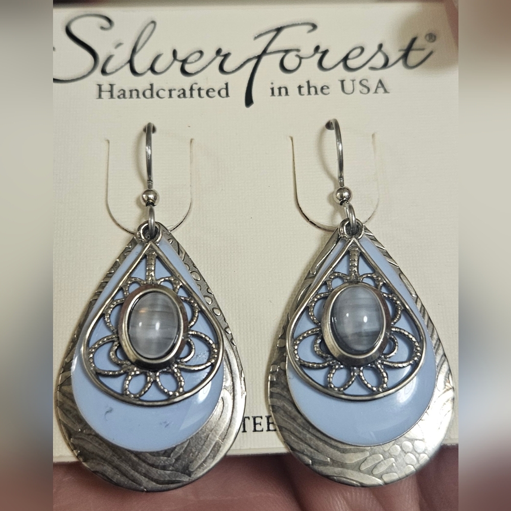 Silver Forest Earrings - Blue Moonstone Filigree - NE-1792B Stainless Steel